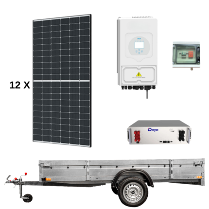 Generator solar mobil pe remorca off-grid, sistem mobil fotovoltaic, invertor DEYE 6kw hybrid, stocare Litiu 5.12kwh, 12 x panou Canadian 460w