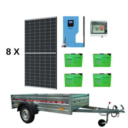 Generator solar mobil pe remorca off-grid, sistem mobil fotovoltaic, invertor EASUN 5.5kw, stocare Litiu 4 x 100 Ah, 8 x panou Canadian 460w